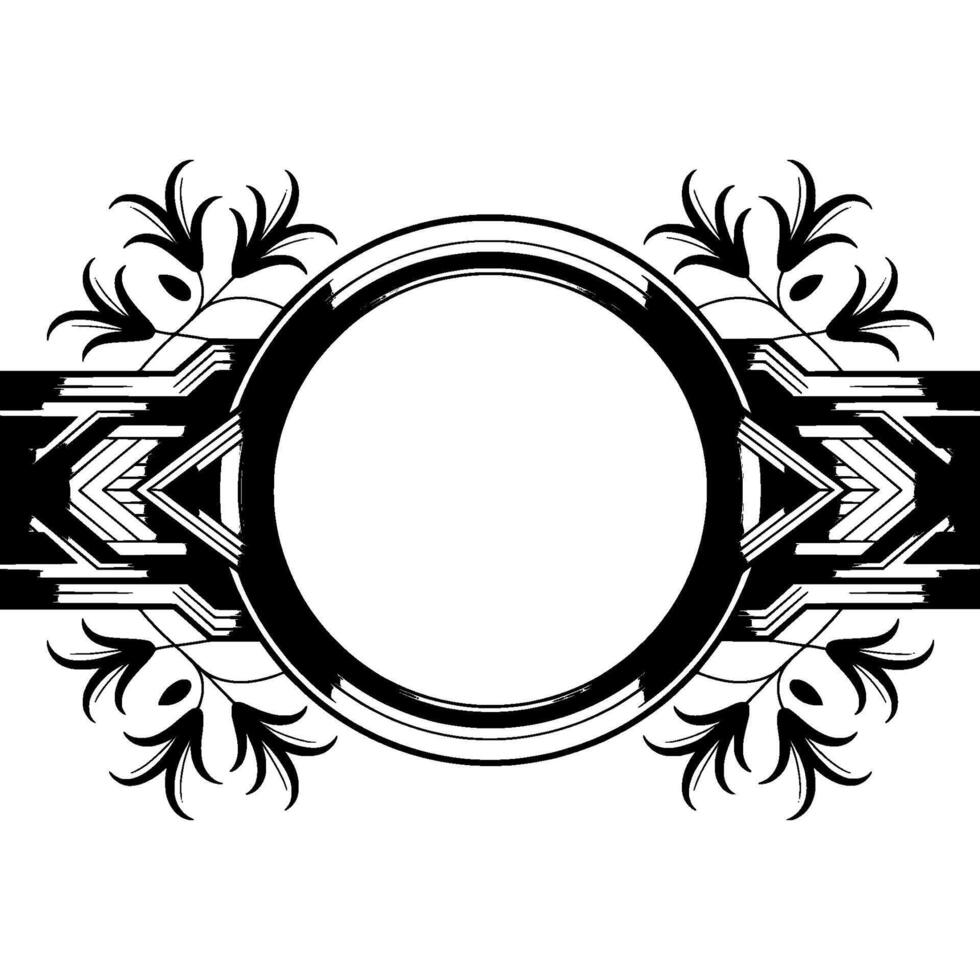 Elegant Art Deco Circle Frame With Floral Accents In Monochrome vector