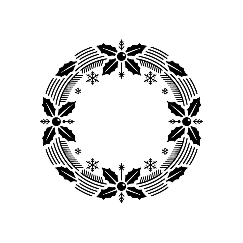 Festive Minimalist Christmas Wreath Illustration with Holly Snowflakes vector