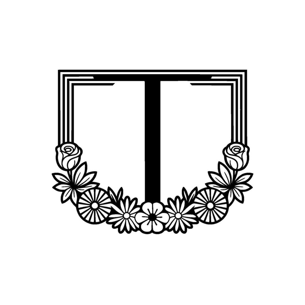 Elegant Monogram Letter T with Floral Wreath, Black and White vector