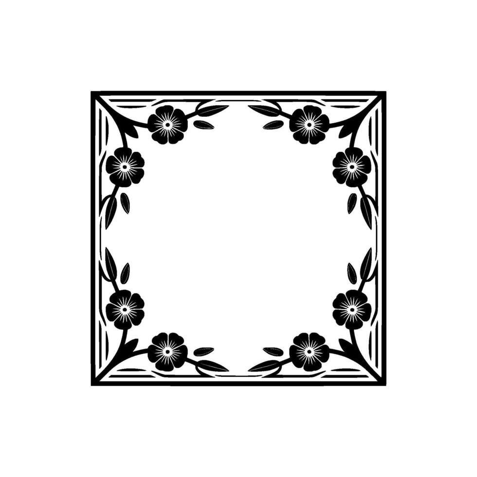 Floral Border Frame, Black and White, Minimalist, Square vector