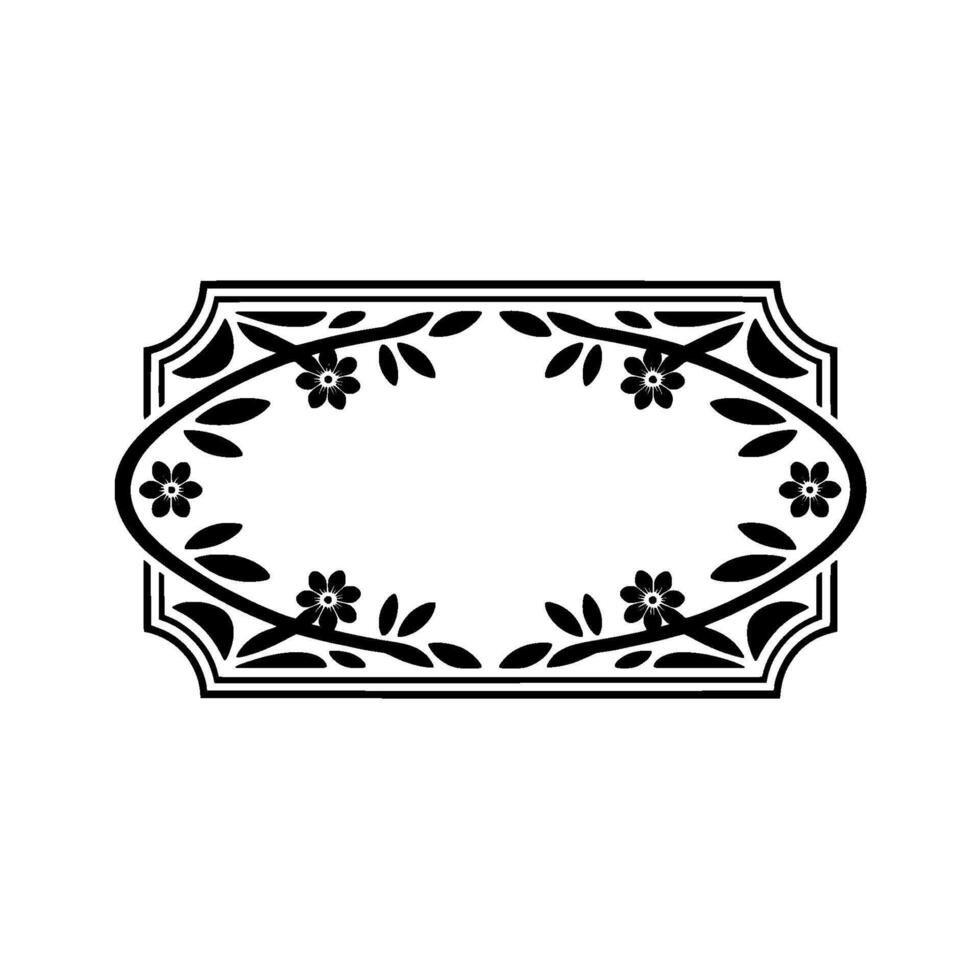 Elegant Floral Oval Frame, Black on White, vector