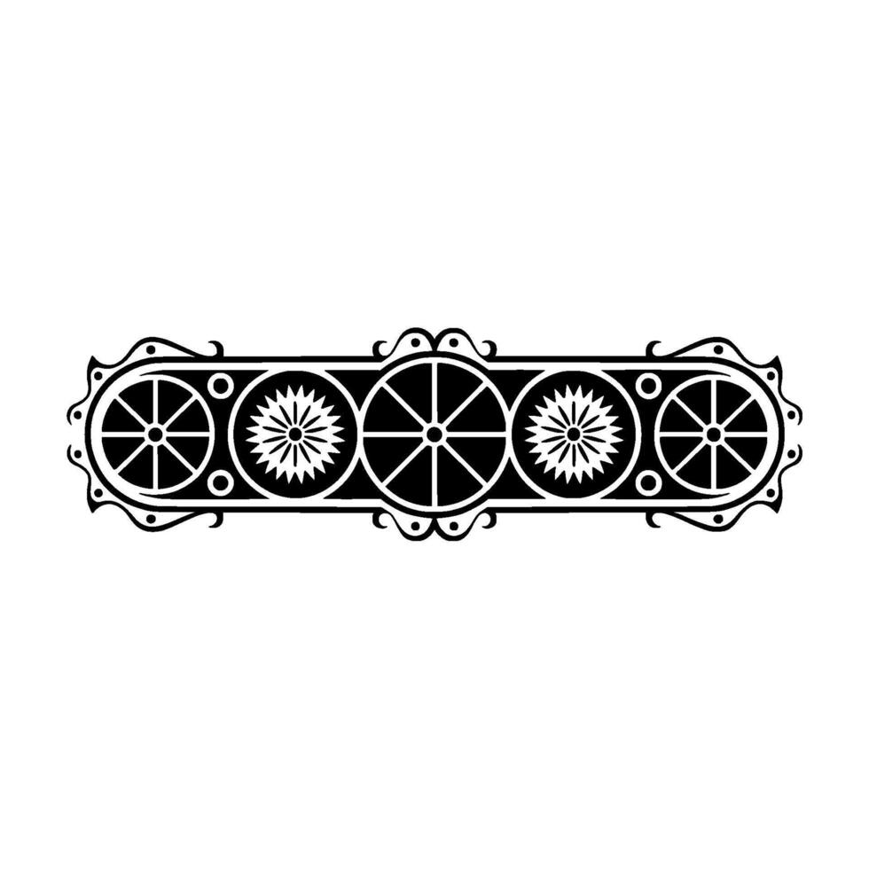 Decorative Linear Black Ornament, Stylized Wheels and Flowers vector