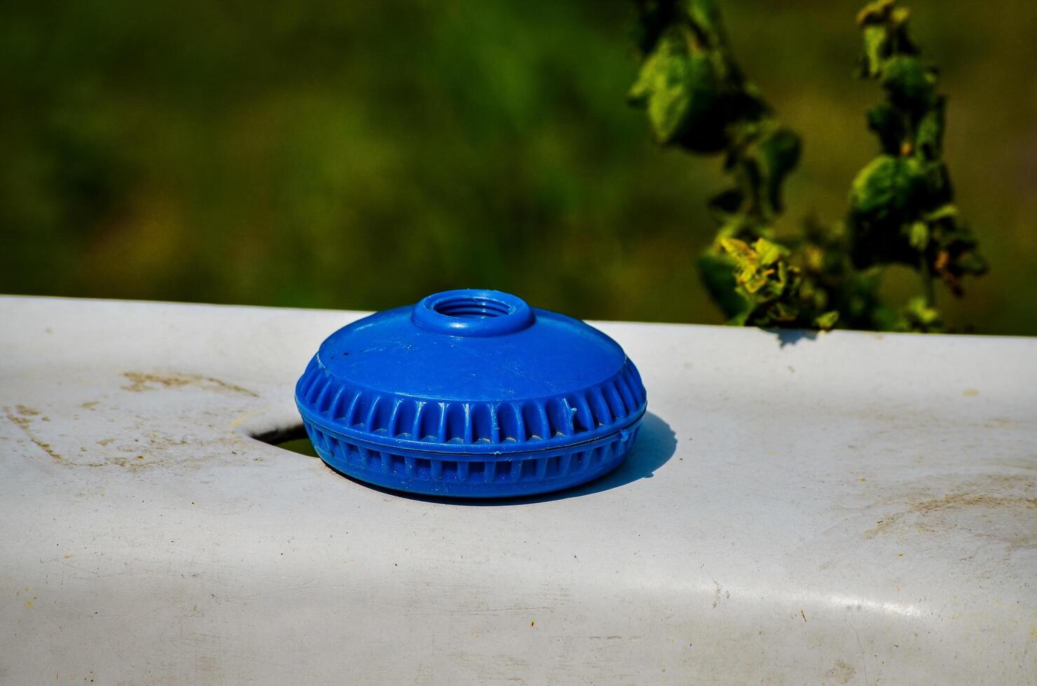 A blue object sits on a white surface. The object is round and has a hole in the middle photo