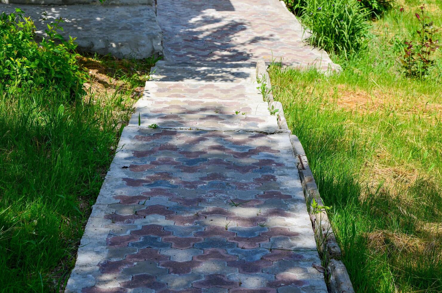 A brick walkway with a shadow cast on it. The shadow is on the ground and the walkway is made of bricks photo
