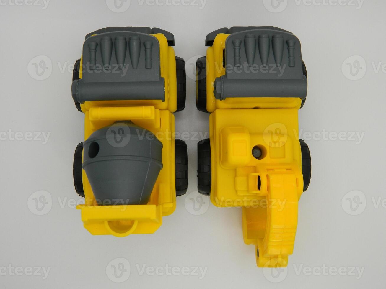 Photo of contruction vehicle toys mixer and exca. Can be used for t-shirt print, kids wear fashion design