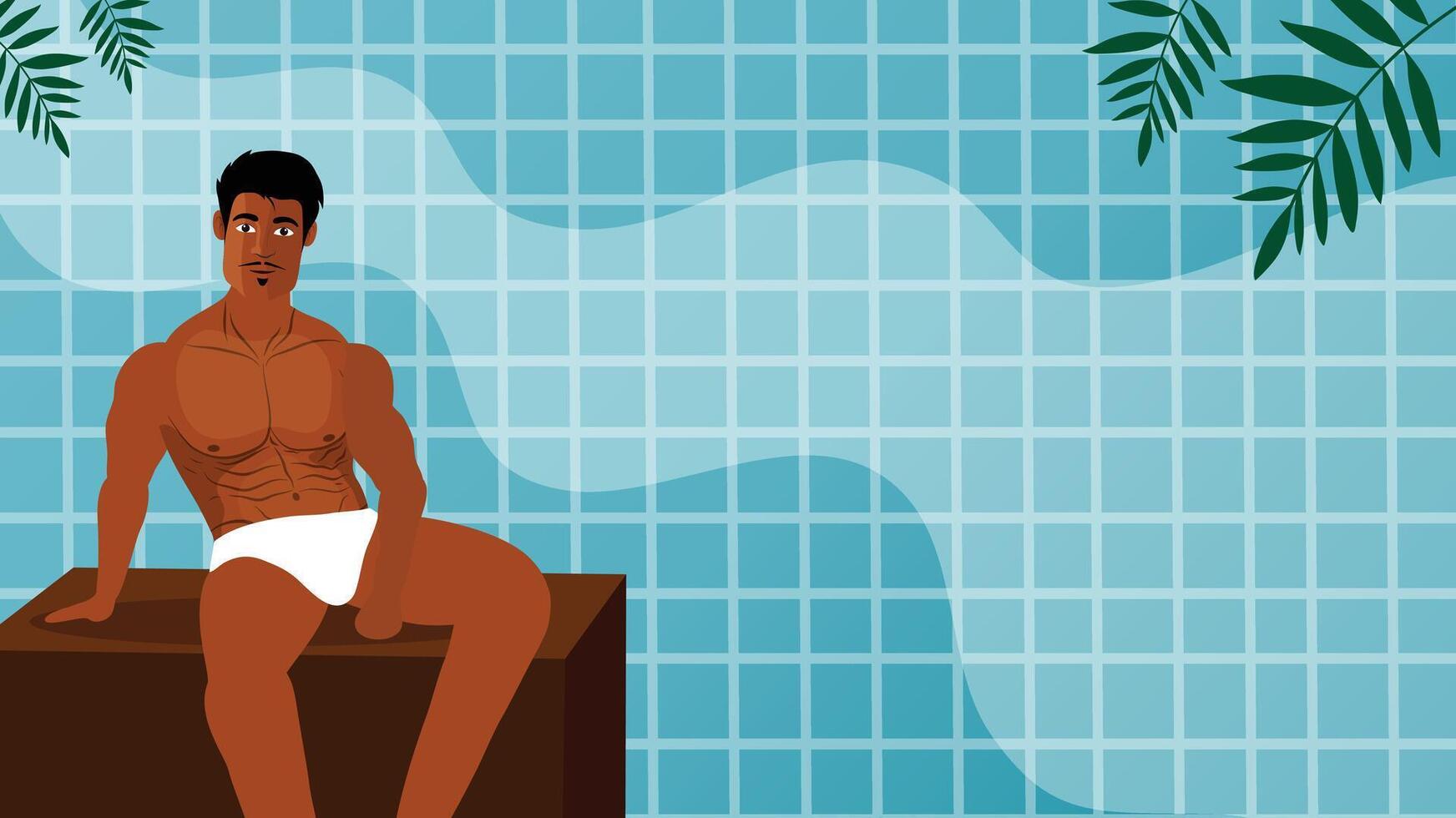 A calm shirtless man sitting by the pool edge vector