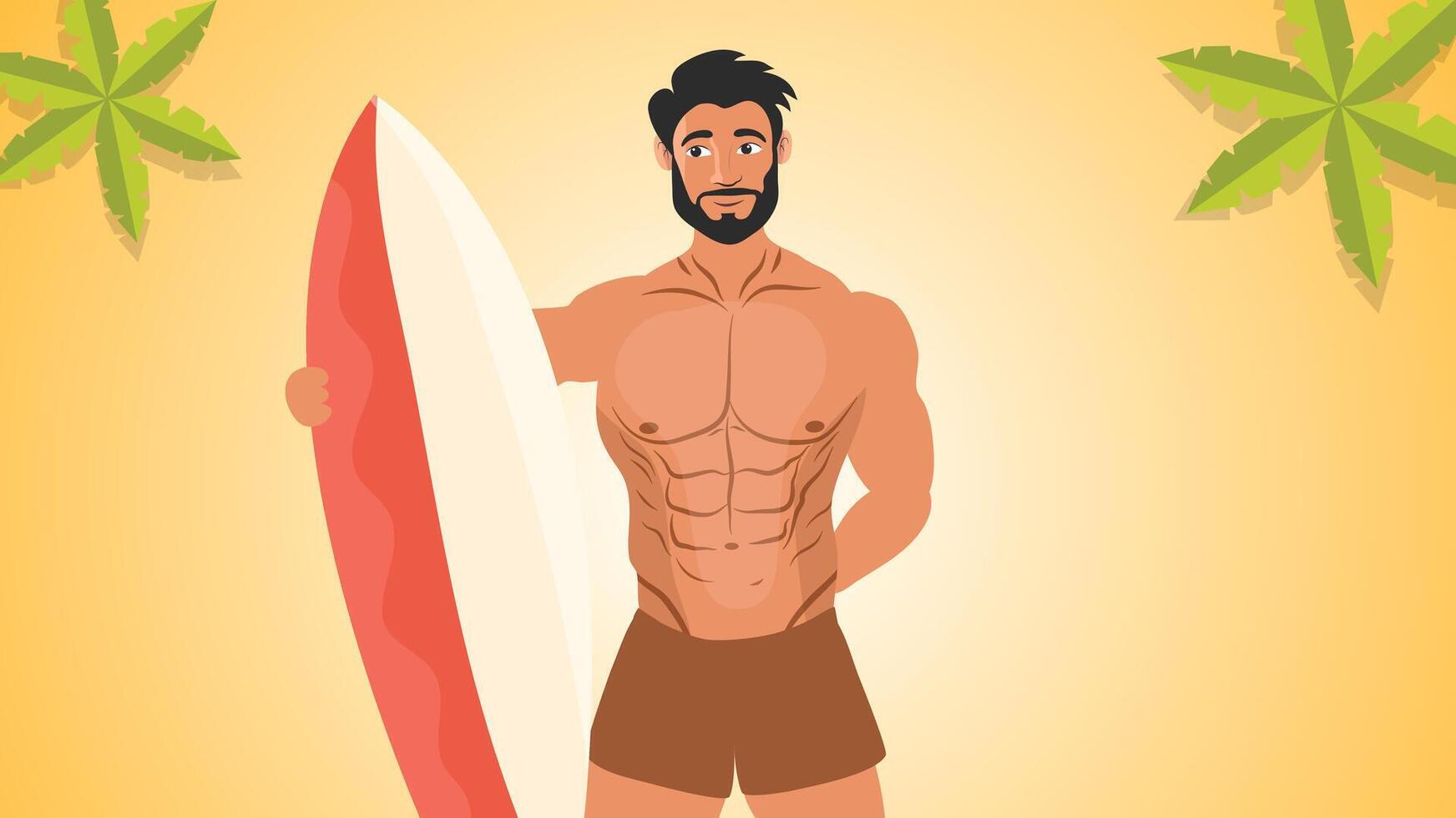 Muscular man posing with surfboard summer vibe background vector