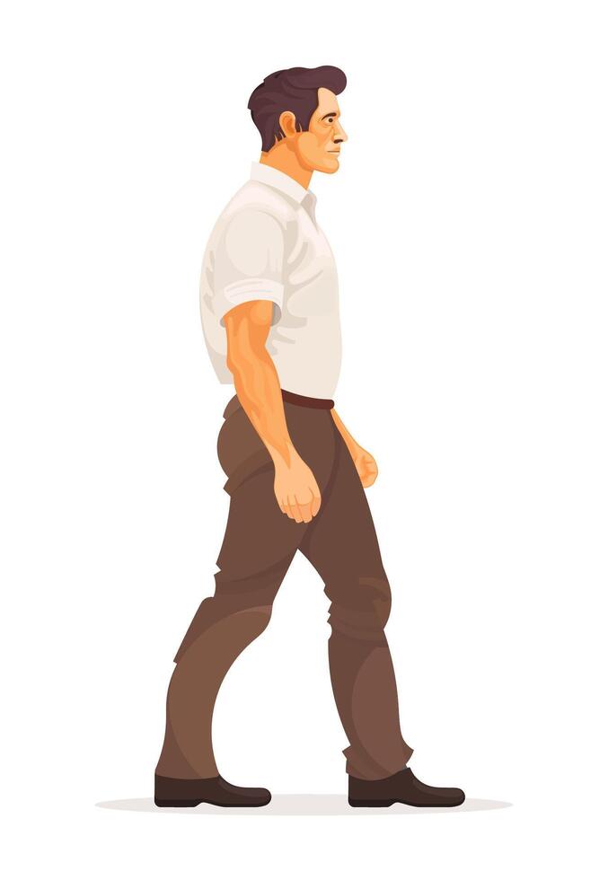 Adult male walking in side profile, wearing casual business attire, isolated on white background. Illustration vector
