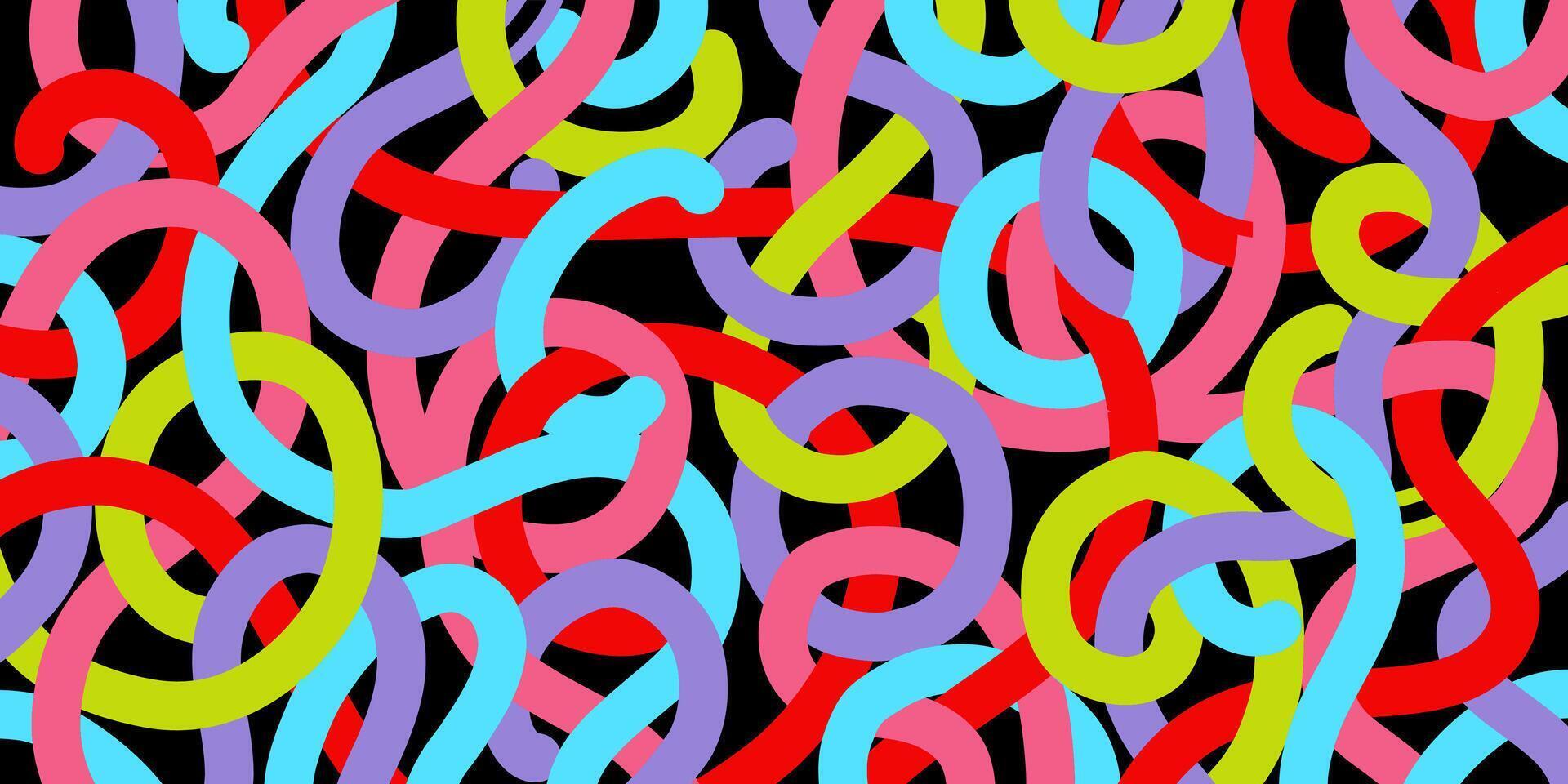 Fun colorful line doodle pattern on black vector