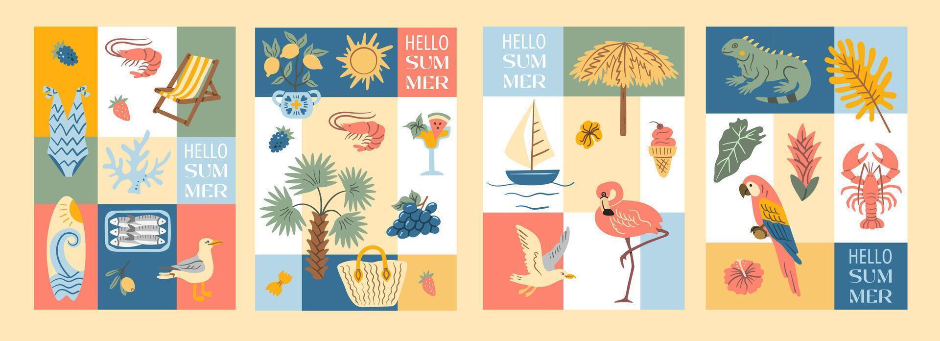 Summer-themed colorful illustration with tropical elements vector