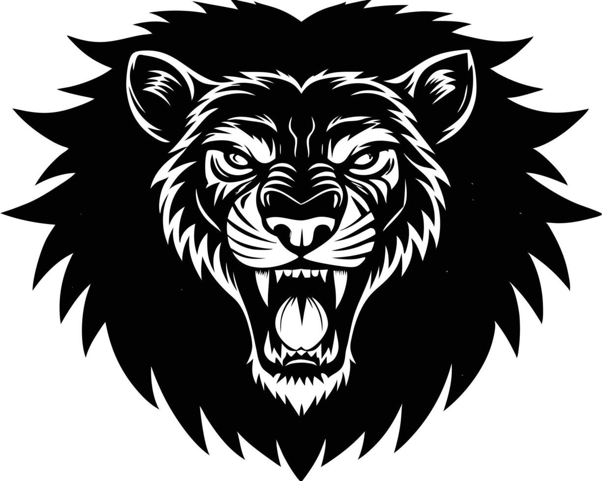 Powerful black and white illustration of a roaring lion head emblem displaying intense ferocity and strength vector
