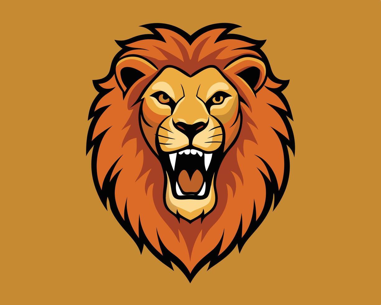 Majestic lion head illustration featuring an angry expression with roaring open mouth and sharp teeth. vector