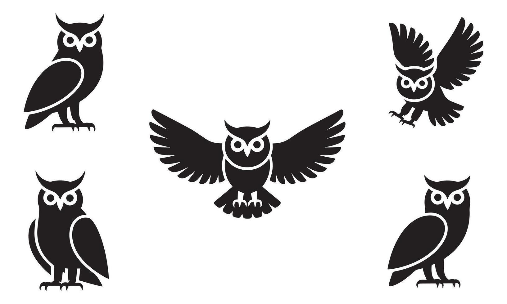 Black Owl Silhouettes in Various Poses Illustration vector