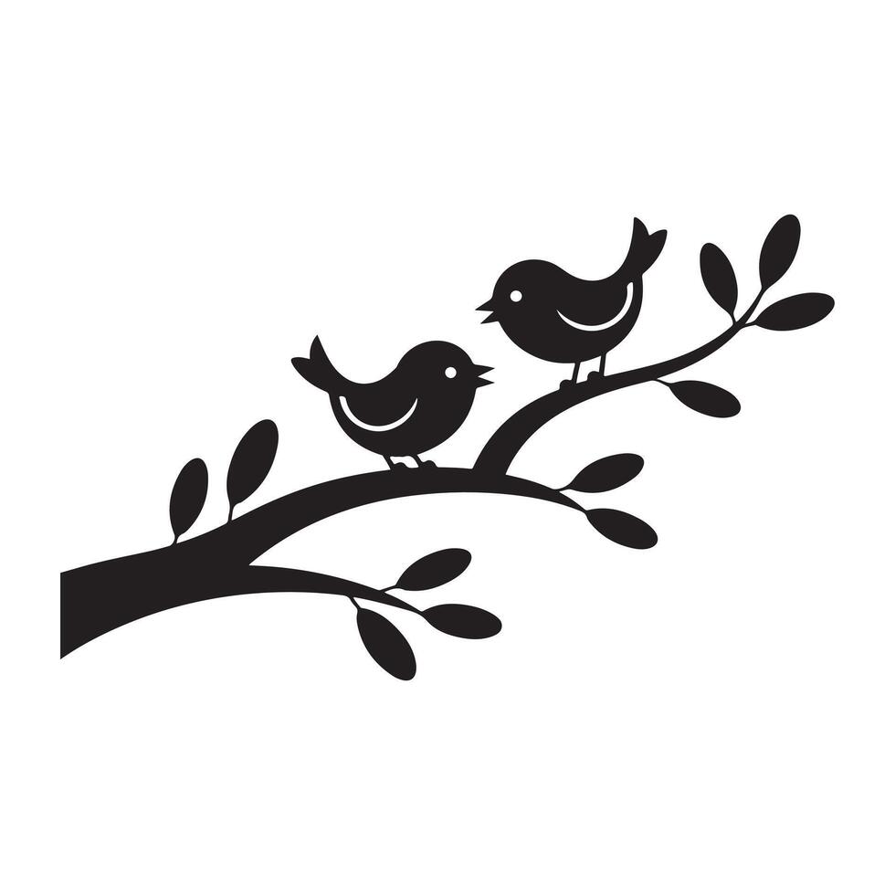 Silhouette of Two Birds Perched on a Branch with Leaves vector
