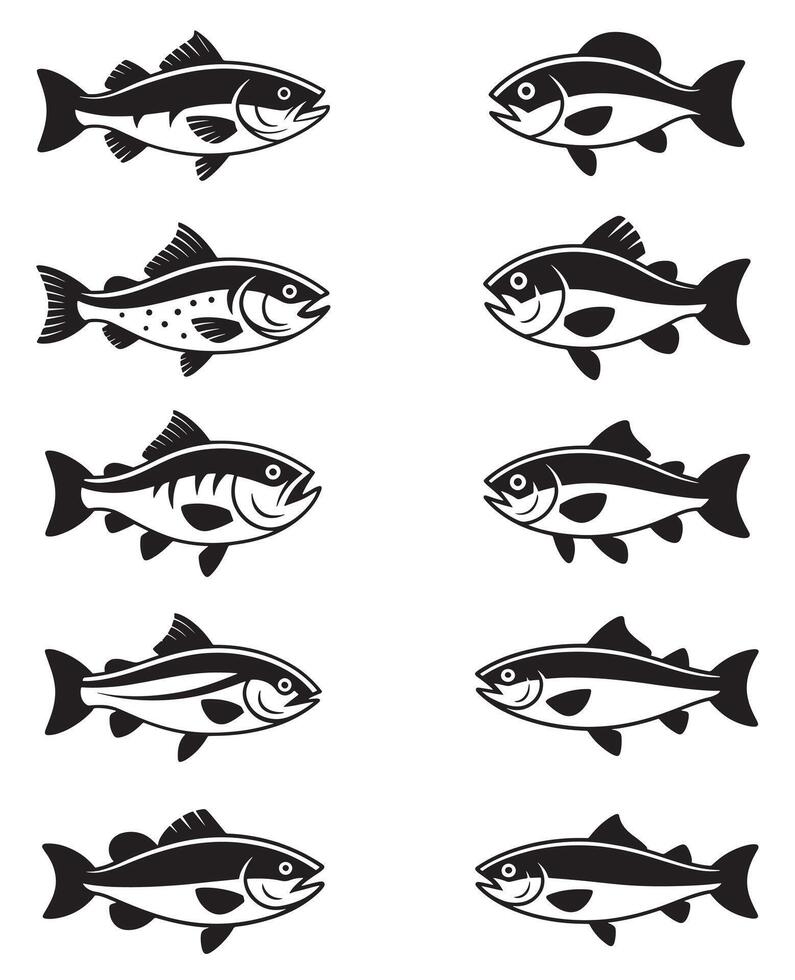Black and white fish illustrations in various poses on a white background vector