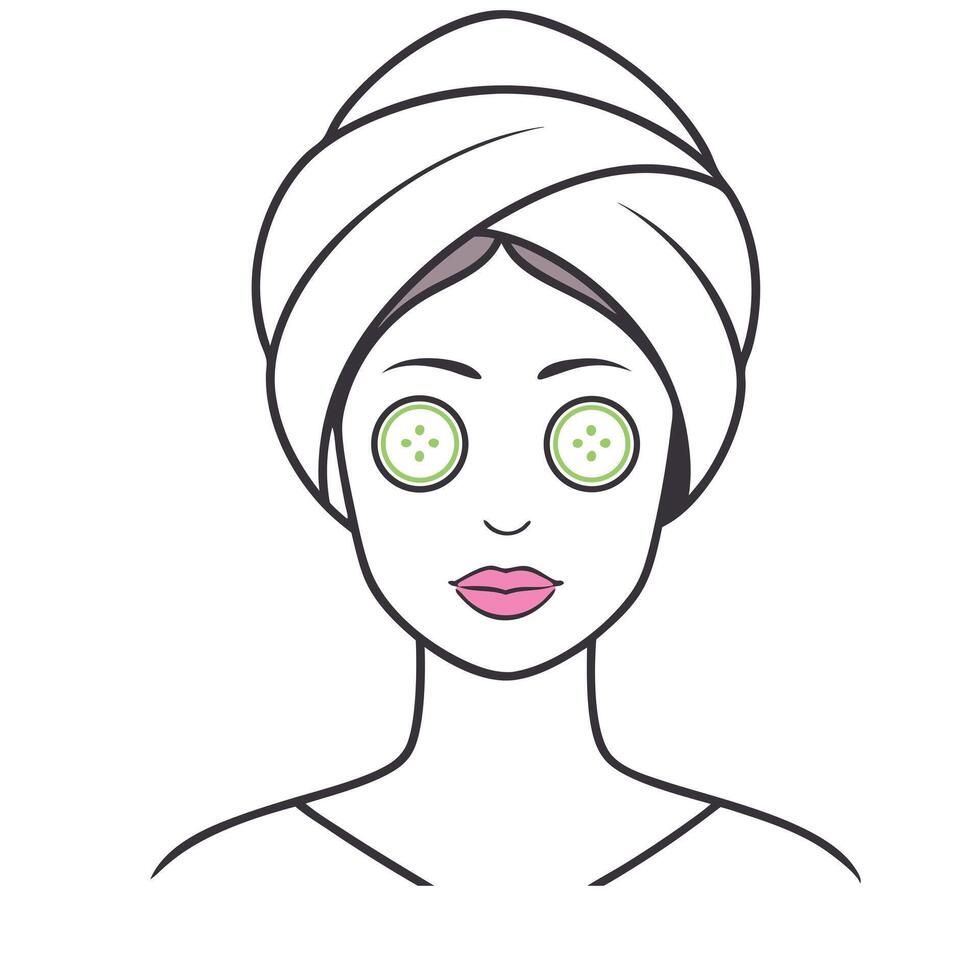 Woman with cucumber slices on eyes and towel illustration. vector