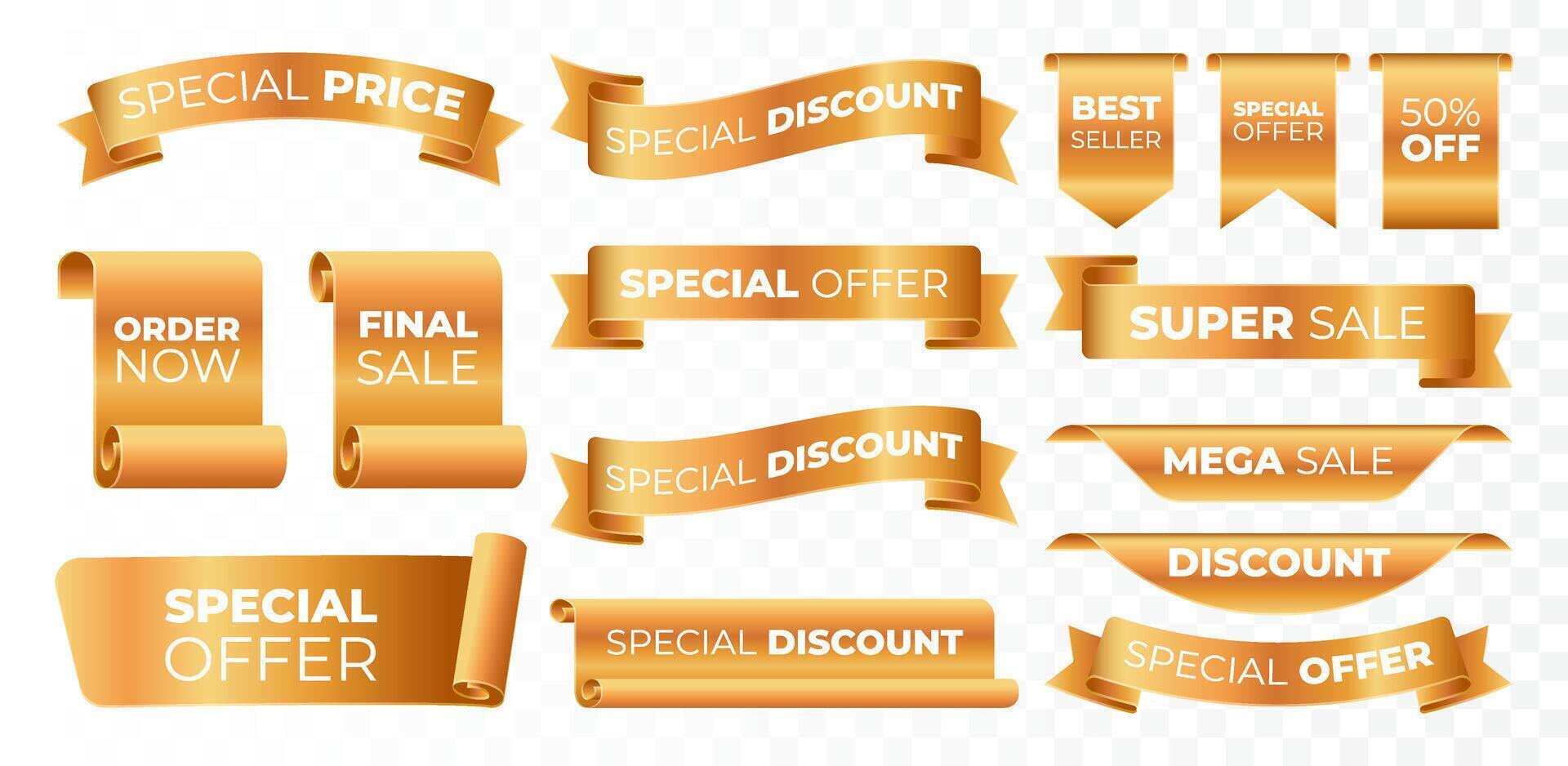 Gold tag icons set. 3D Gold accented labels, banners, and ribbons for sales, discounts vector