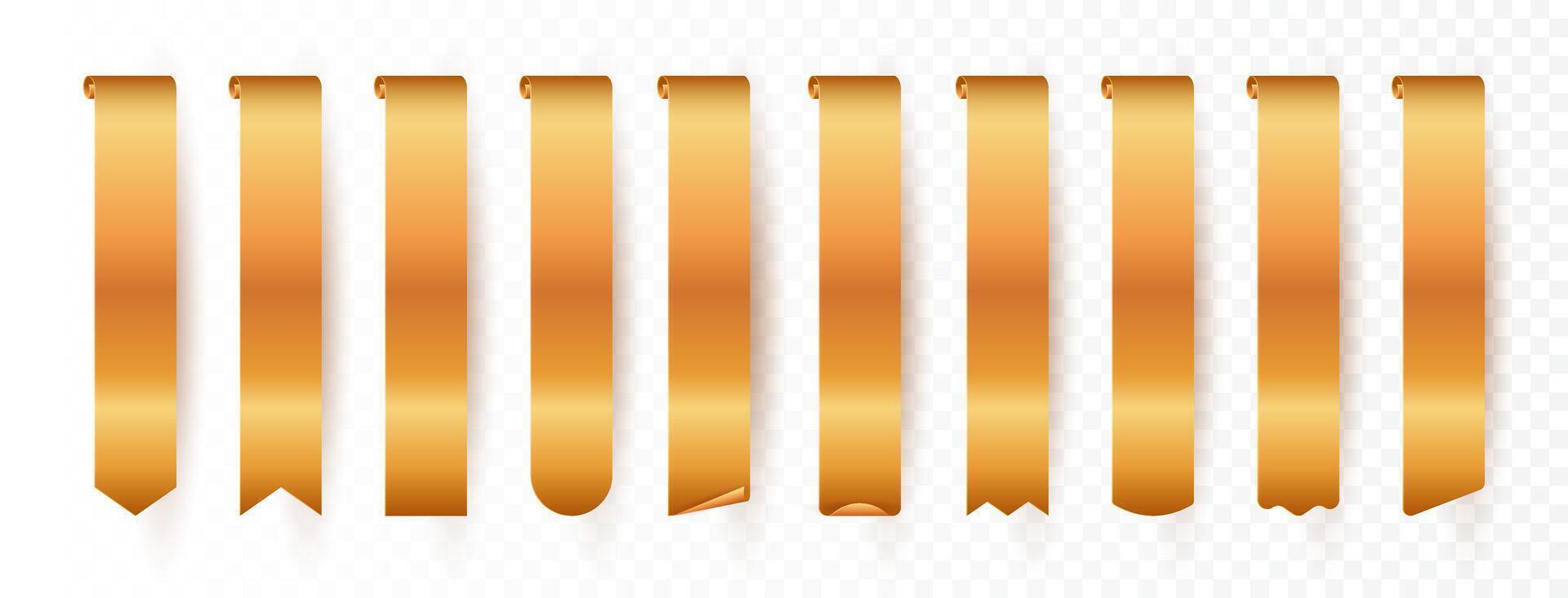 Gold tag icons set. 3D Gold accented labels, banners, and ribbons for sales, discount vector