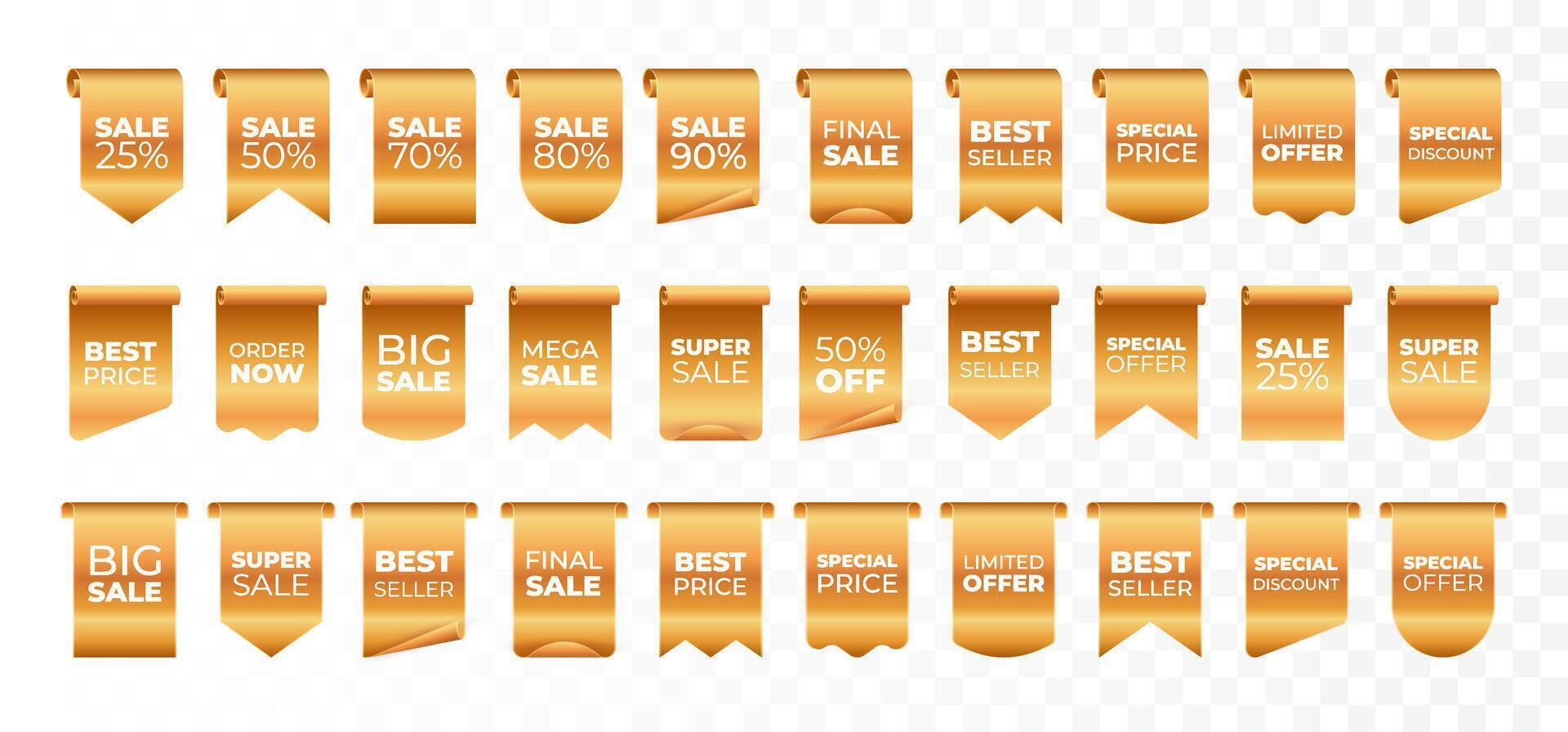 Gold tag icons set. 3D Gold accented labels, banners, and ribbons for sales, discounts, and promotion vector