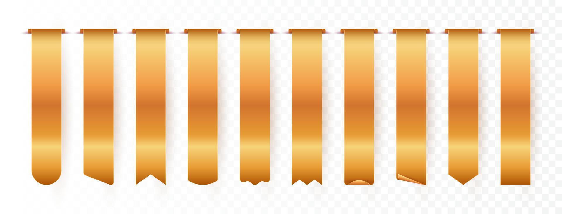 Gold tag icons set. 3D Gold accented labels, banners, and ribbons vector
