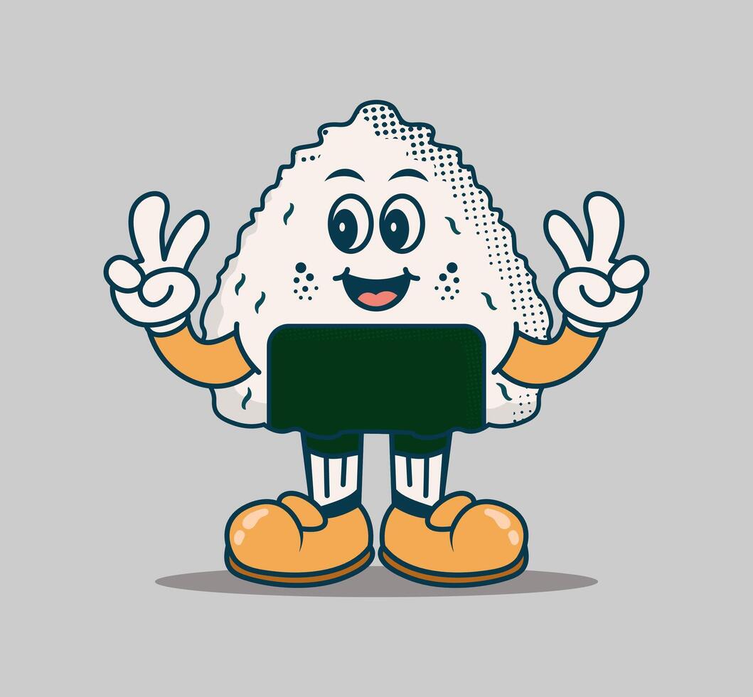 cute onigiri mascot cartoon character in retro style. fun, cheerful, and playful illustration perfect for japanese food or kawaii themed designs vector