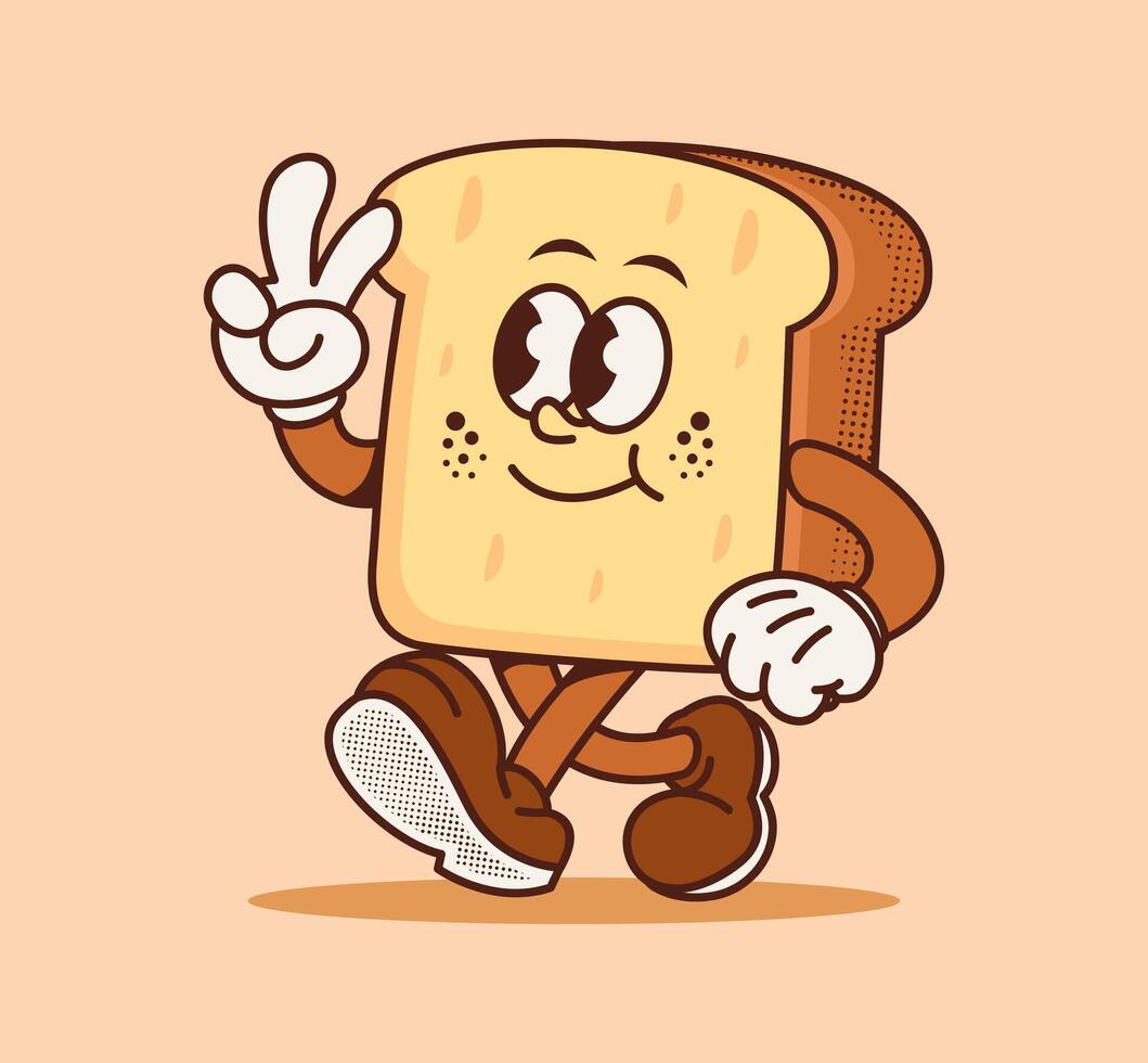 Cute bread cartoon character in retro style. Fun and cheerful food mascot illustration. Perfect for breakfast theme, snack design, poster, and menu decoration vector