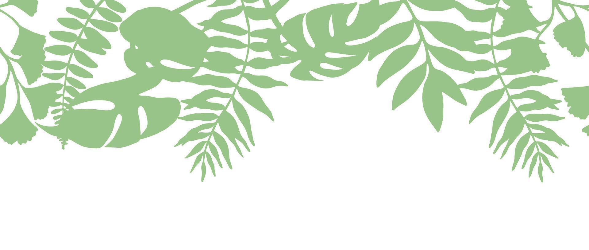 Seamless border of tropical green forest leaves. Silhouette of monstera, fern, eucalyptus vector