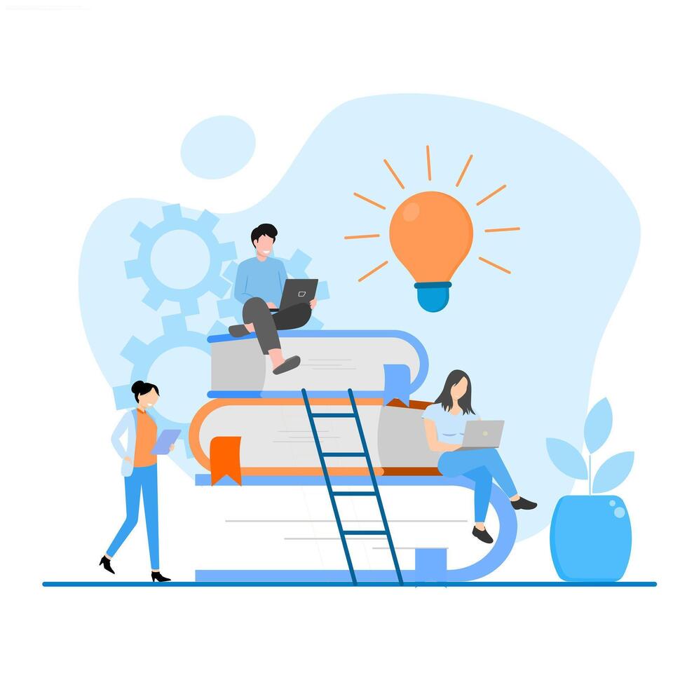 Education concept. Illustration of a pile of books and some characters who are studying happily. vector