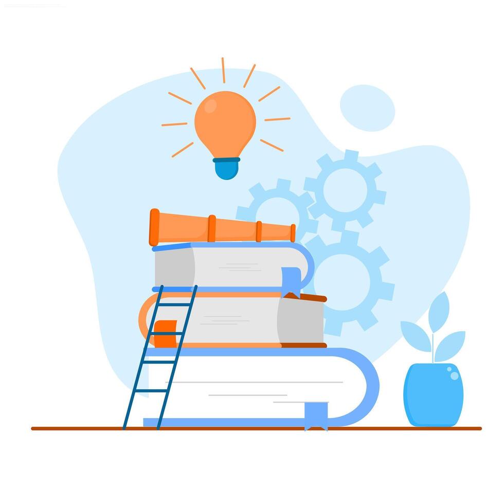 The concept of educational investment for the future. Illustration of a pile of books, a light bulb, and a telescope. vector