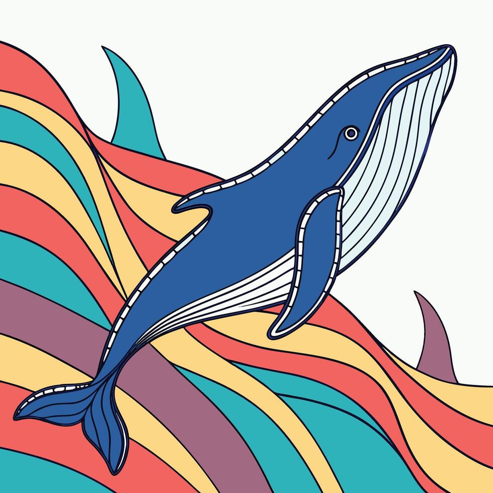 Blue whale breaching through colorful wavy lines ocean waves vector
