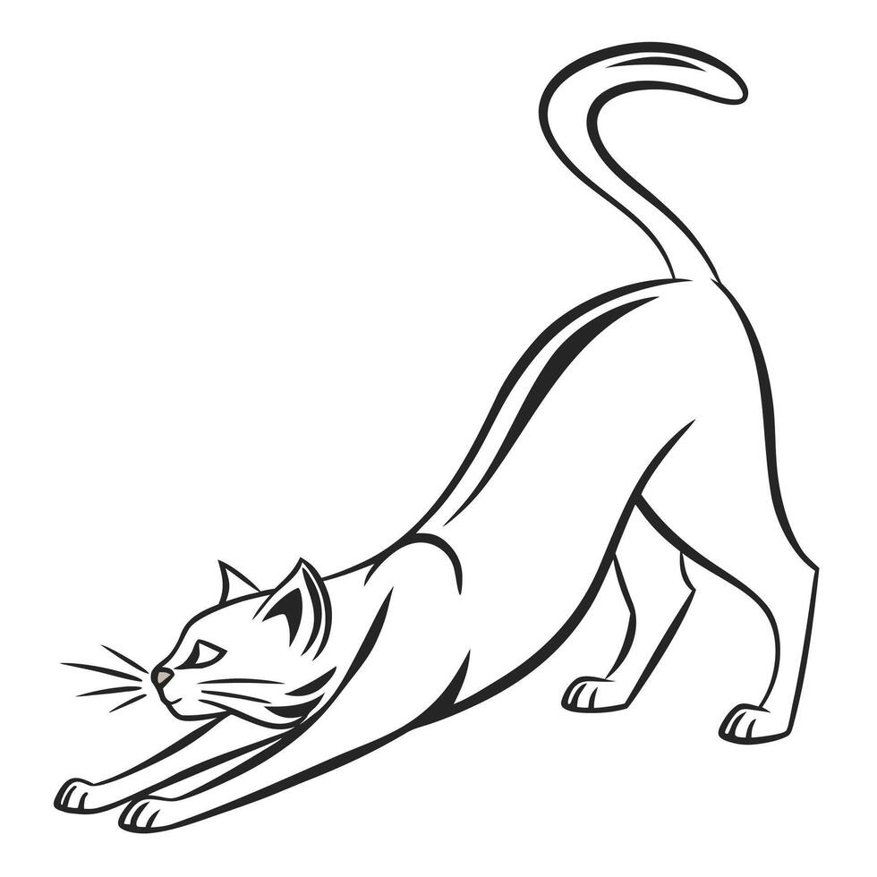 Black and White Outline Drawing of a Cat Stretching Its Body Paws and Tail vect vector