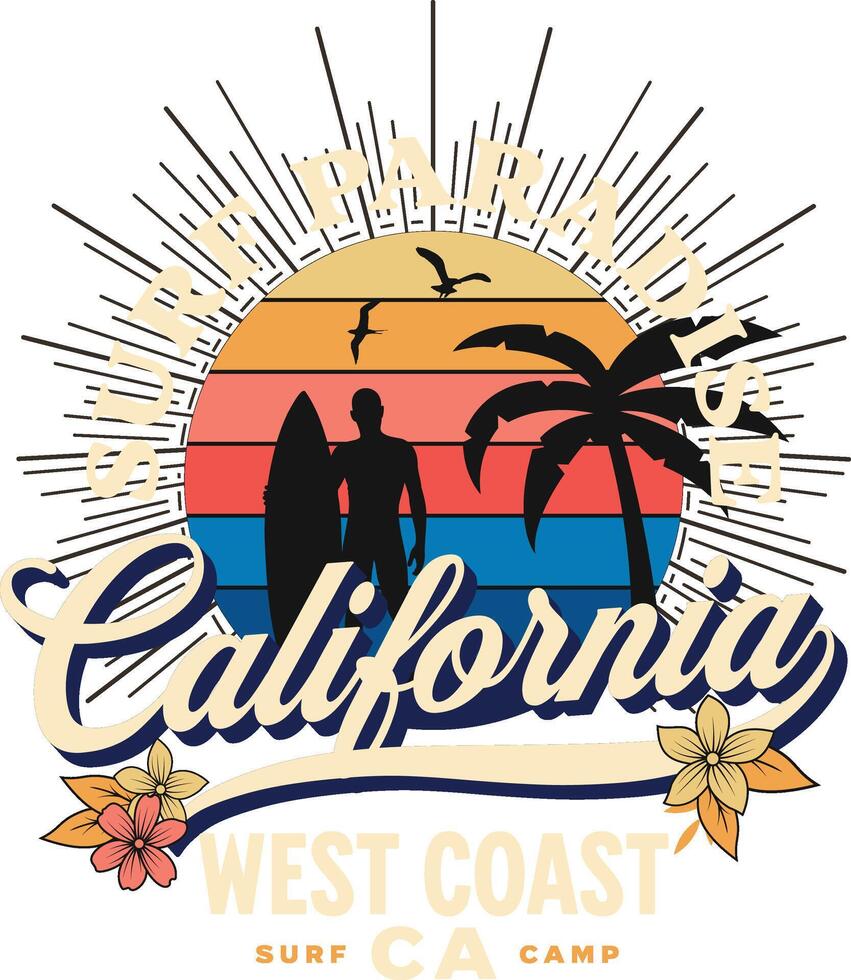 Surf Paradise California West Coast Surf Camp Sunset Silhouette Surfer Palm Trees Floral Design Retro Style vector