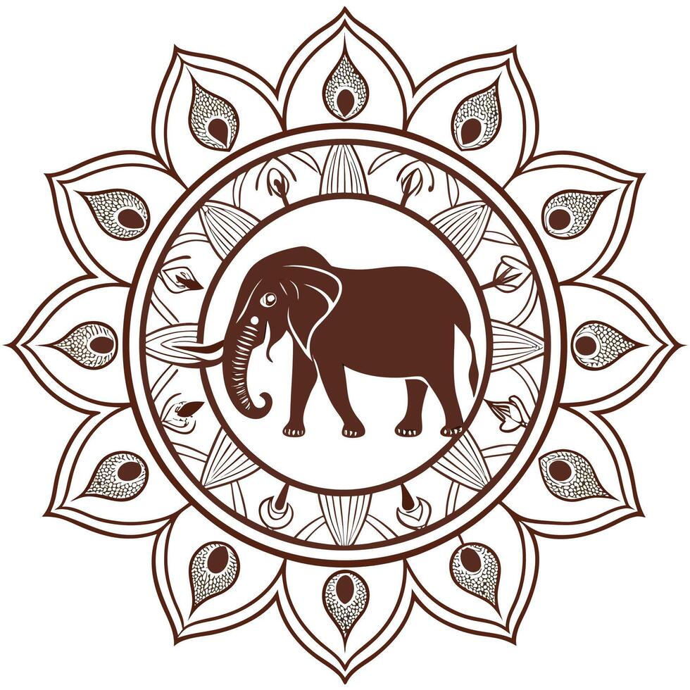 Brown elephant within circular floral mandala design vecto vector