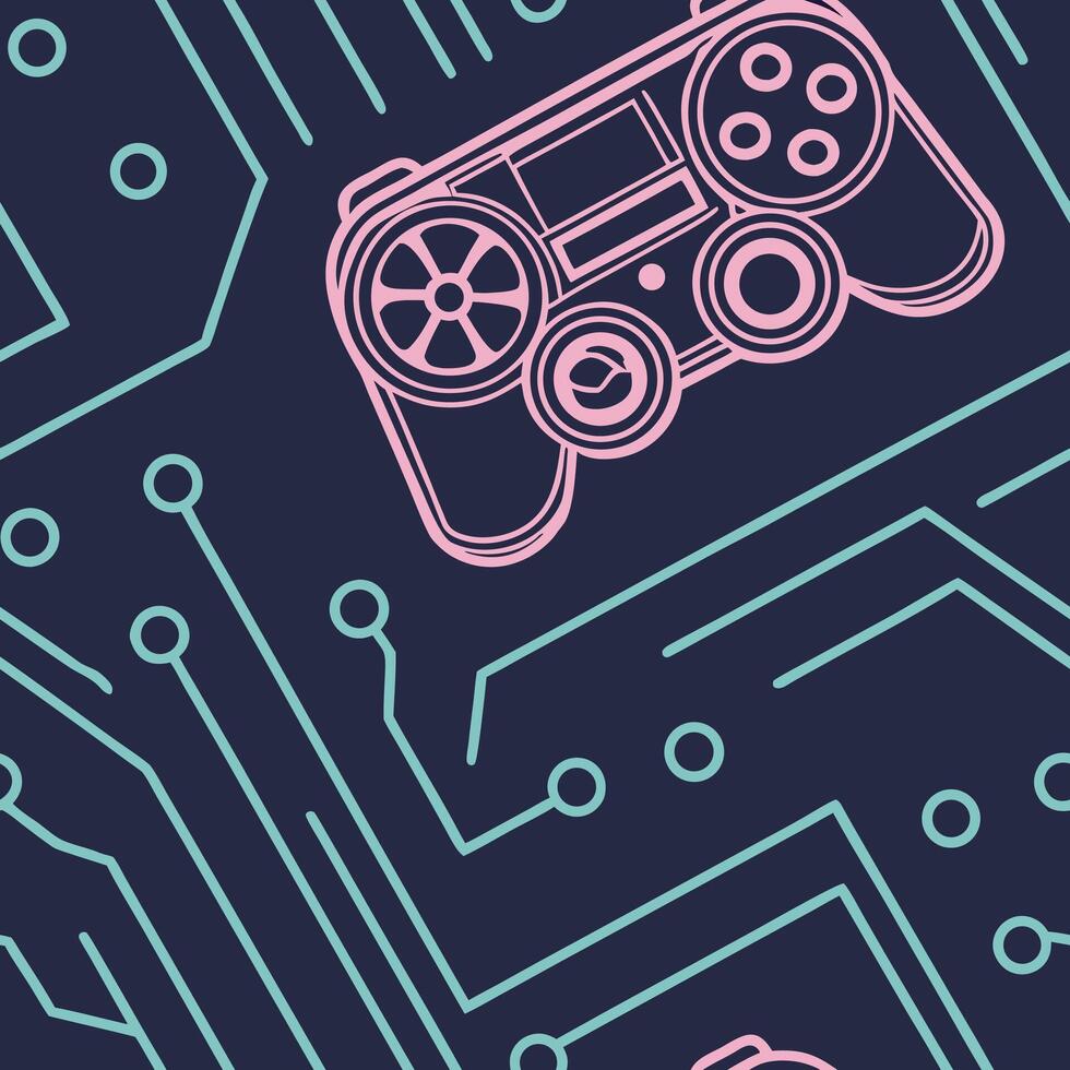 Pink gamepad and teal circuit board pattern controller game vector