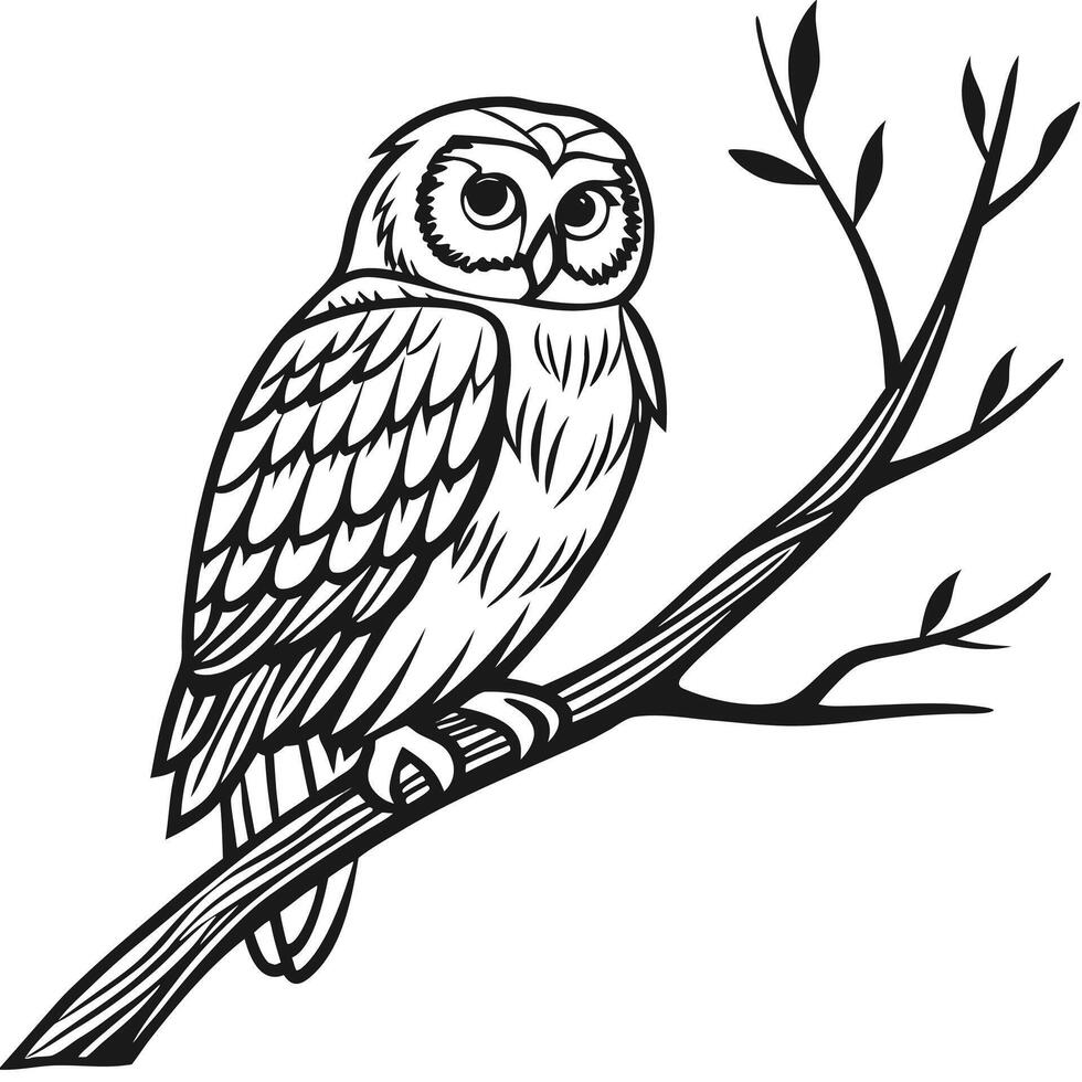 Black and White Line Drawing of an Owl Perched on a Branch Detailed Feather Texture vector