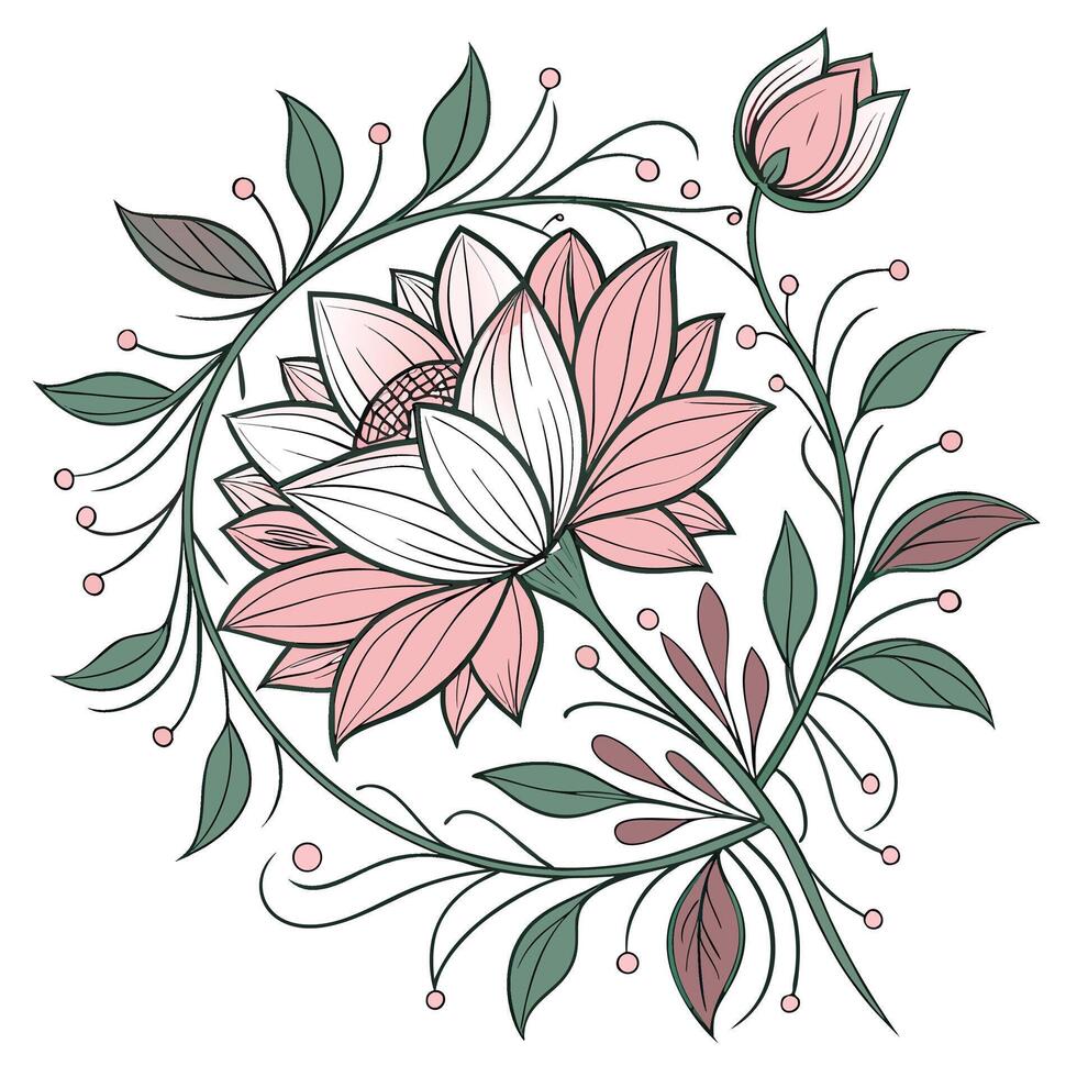 Delicate pink lotus flowers with green leaves and pink berries floral botanical vector