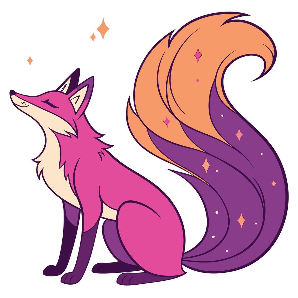 Pink fox with large fluffy tail and sparkling stars animal purple vector