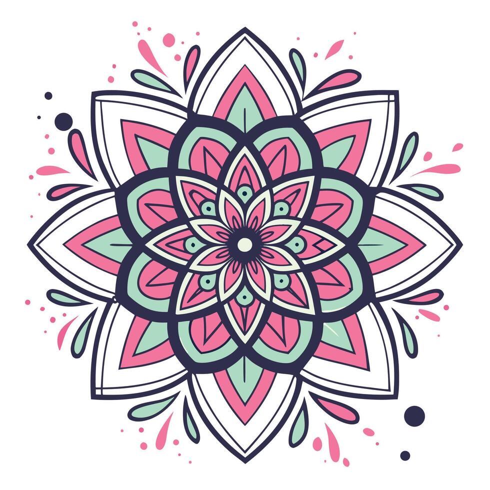 Pink mint and navy floral mandala with scattered dots decorative symmetrical vector