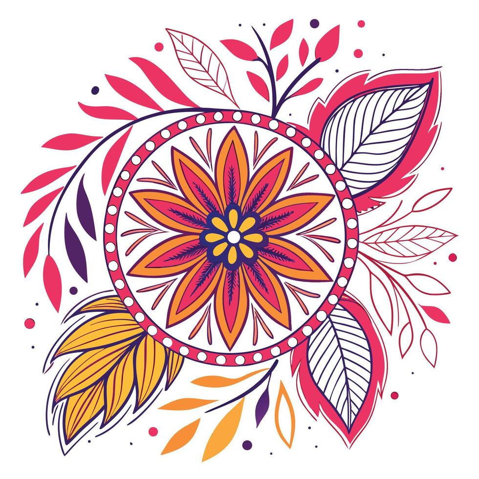 Vibrant floral mandala with swirling leaves and dots circular decorative vector