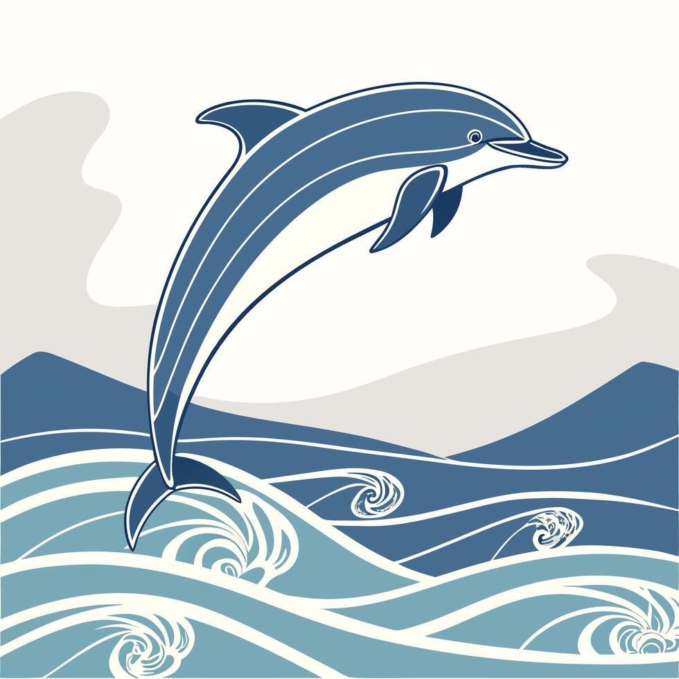 Blue Dolphin Leaping Ocean Waves Minimalist Vectr Art jumping vector