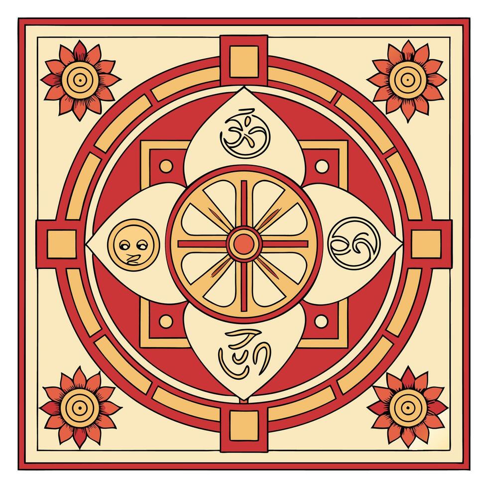 Detailed Buddhist Dharmachakra Mandala Red Orange Beige Cream Symmetrical Design vector