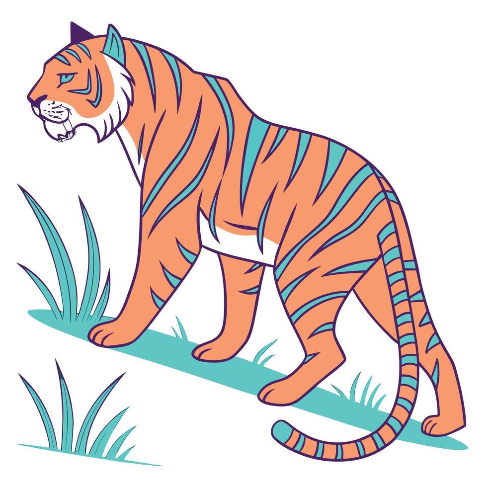 Orange tiger with turquoise stripes walking through grass animal wildlife vector