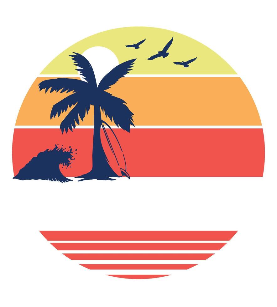 Retro Sunset Ocean Scene Palm Tree Surfboard Wave Birds Silhouette Design Element vector