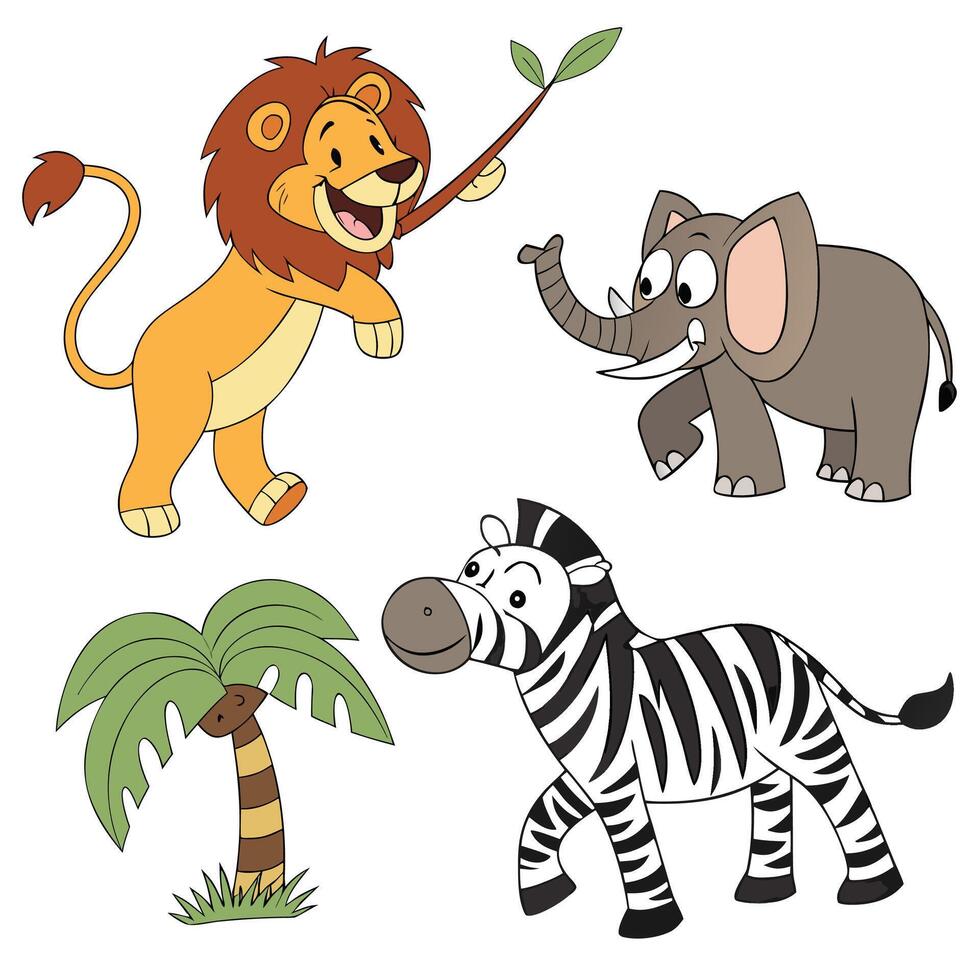 Cartoon Jungle Animals Vecto Bundle Lion Monkey Elephant Zebra Palm Tree Illustration vector