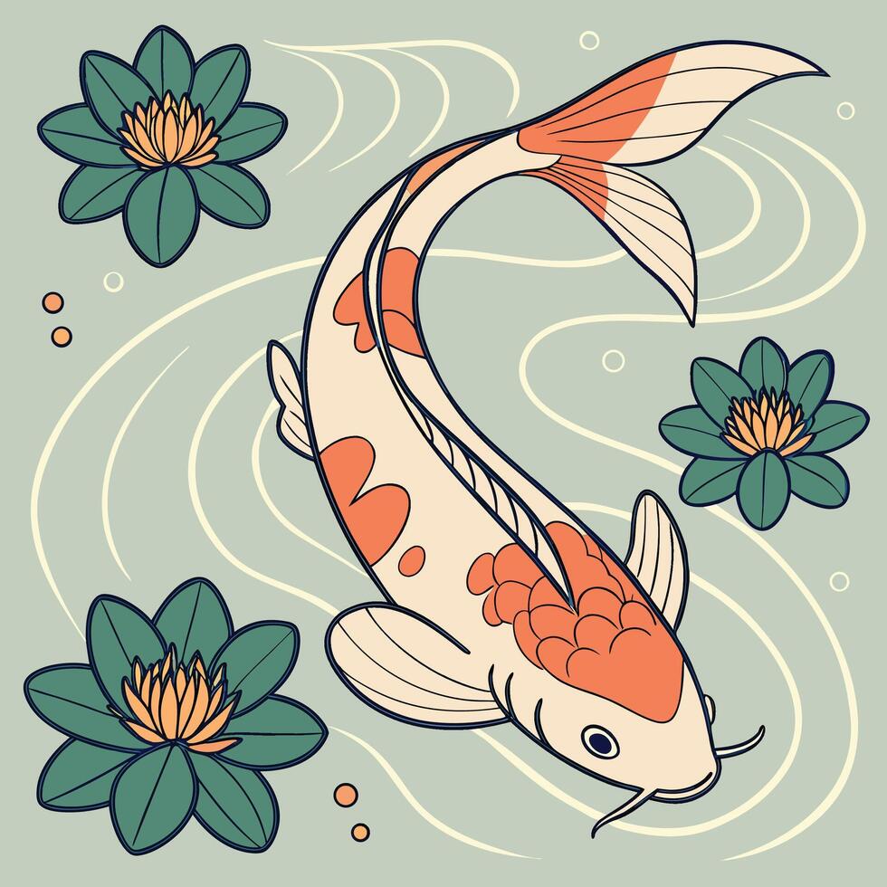 Orange and cream koi fish swims among green water lilies water lily aquatic vector