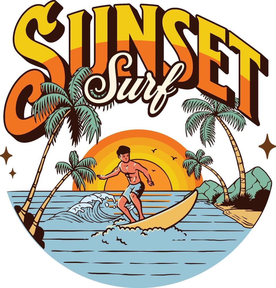 Sunset Surf Scene Tropical Beach Surfer Riding Wave Orange Yellow Palm Trees Vintage Style Illustration vector