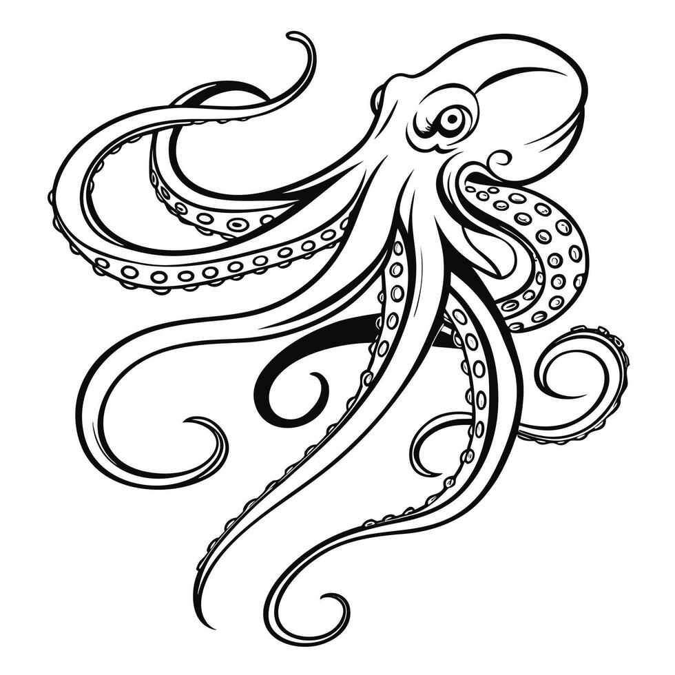 Stylized octopus with flowing tentacles and suckers cephalopod marine life vector