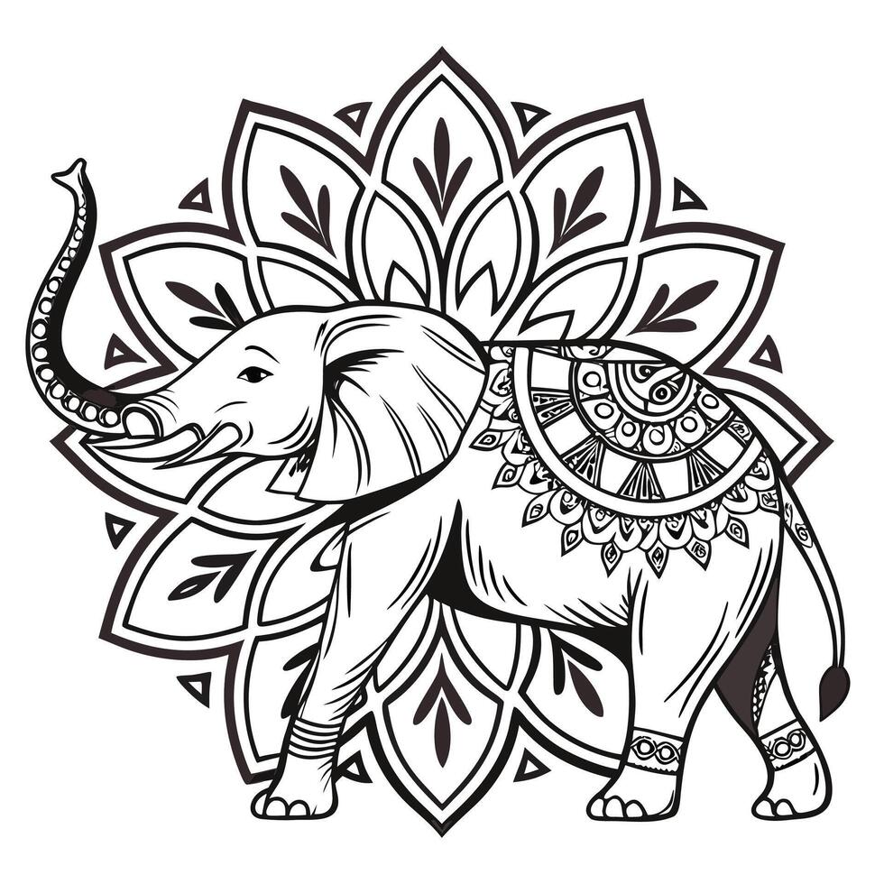 Black and White Line Art Elephant Mandala Design Intricate Detailed Drawing of Elephant with Floral Mandala Background vector