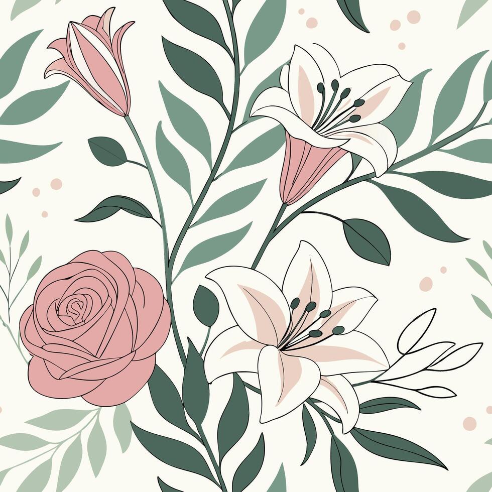 Seamless Pattern Soft Watercolor Lilies Roses Blush Pink White Green Leaves Botanical Floral Repeat Textile vector