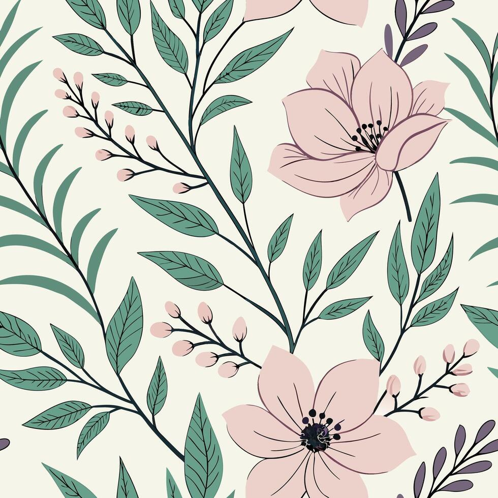 Seamless Pastel Pink and Green Floral Pattern Botanical Illustration with Delicate Flowers and Leaves Repeating Design vector